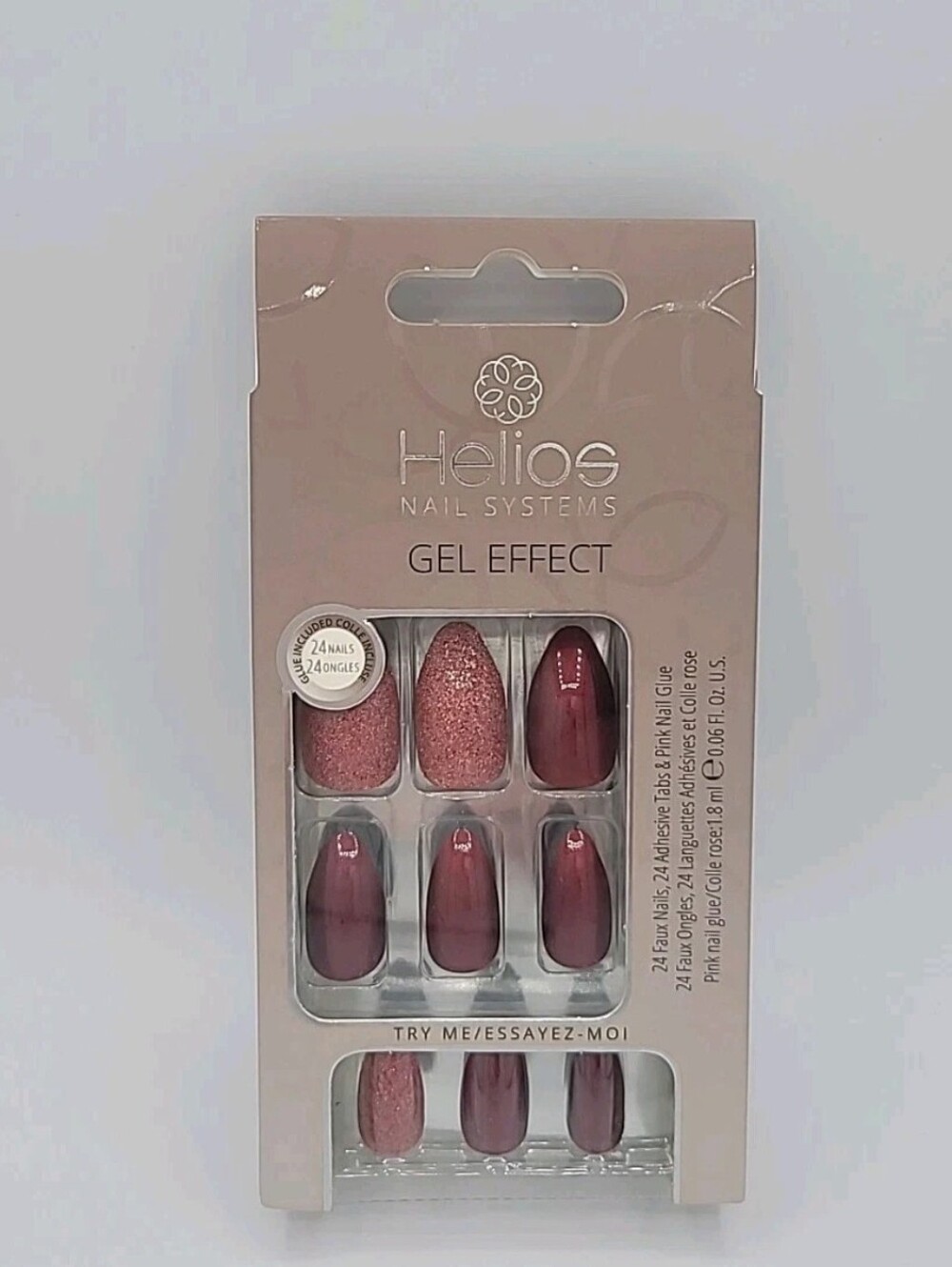 NIB Helios Nail System Gel Effect Press On Nails Burgundy 24 Count NAILS
